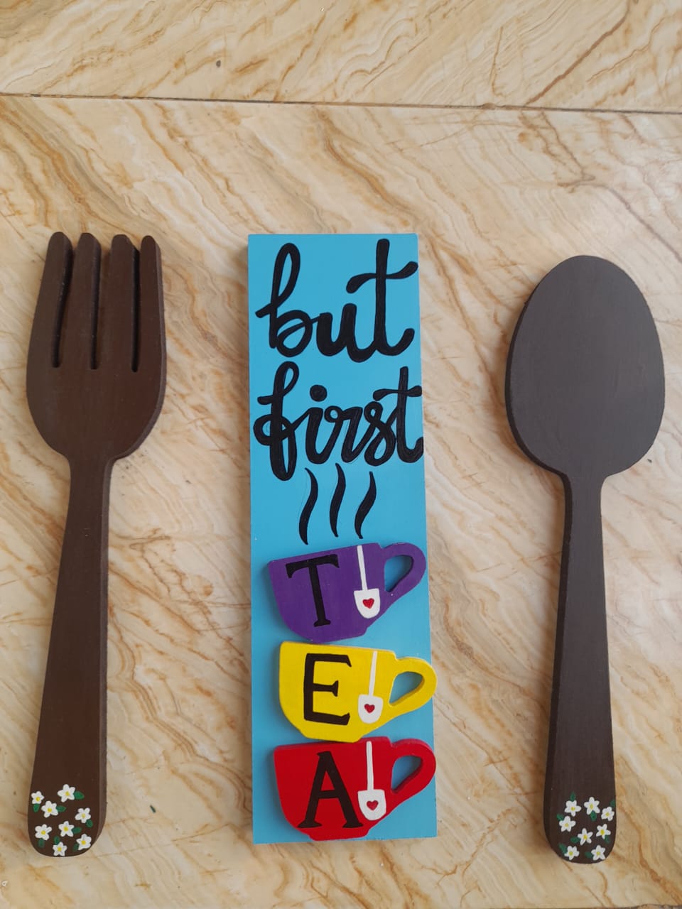 Wooden Tea 3D plank, Fork & Knife